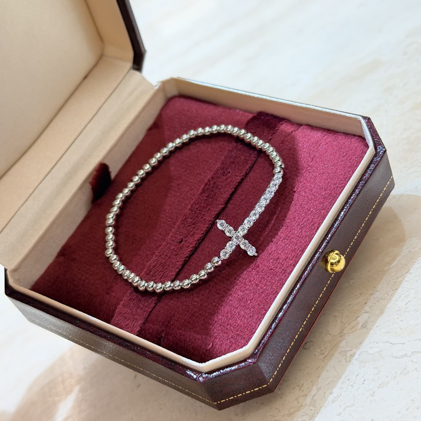 Chrome Hearts Silver Beaded Bracelet with Cross Charm